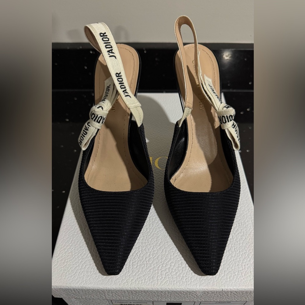Dior Black Pointed Slingback Pumps with Cream J'Adior Ribbon